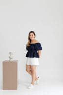 Textured Smocked-back Peplum Top (Navy)