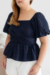 Textured Smocked-back Peplum Top (Navy)