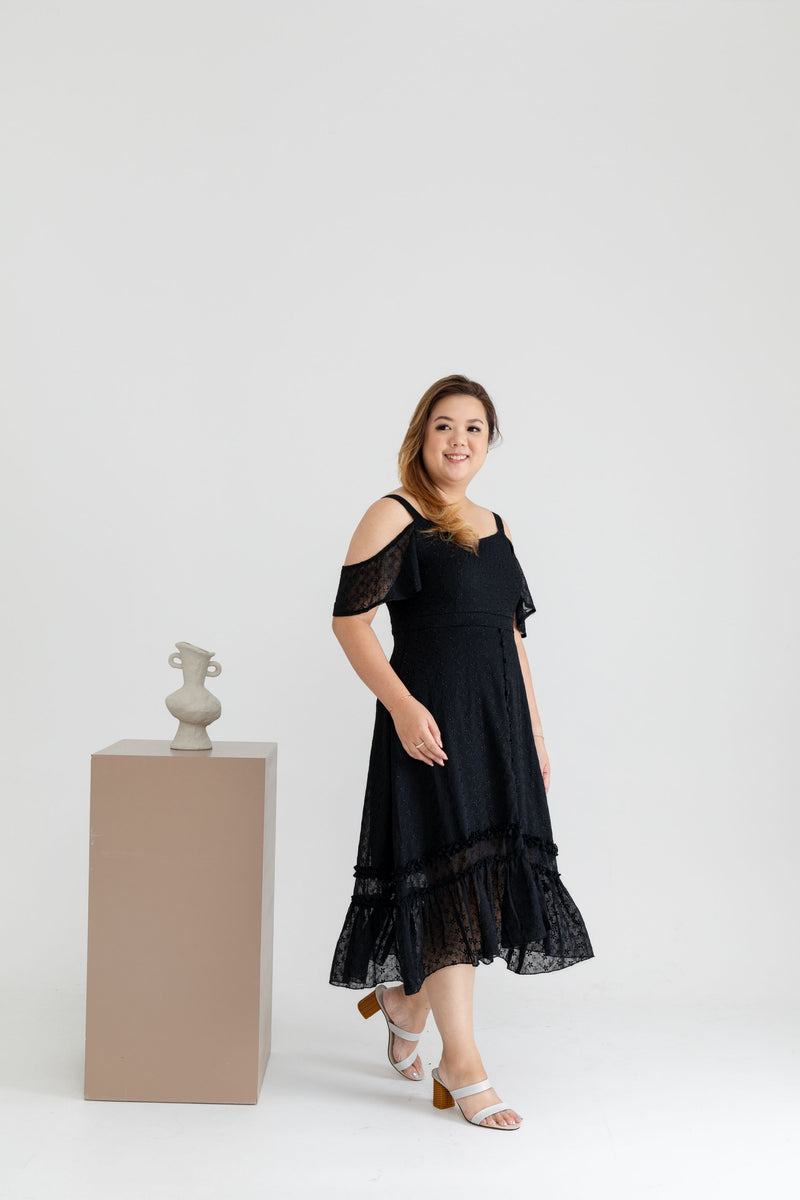 Ruffles Hem Chiffon Midi Dress (Black on Black Embroidery)