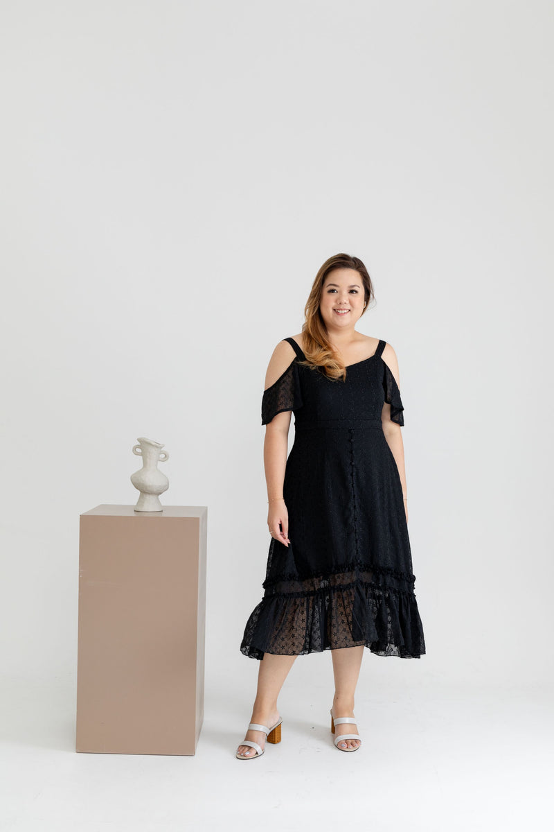 Ruffles Hem Chiffon Midi Dress (Black on Black Embroidery)