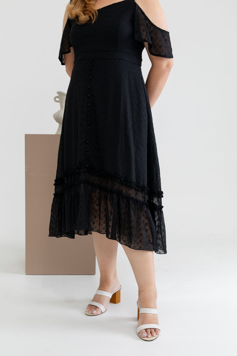 Ruffles Hem Chiffon Midi Dress (Black on Black Embroidery)