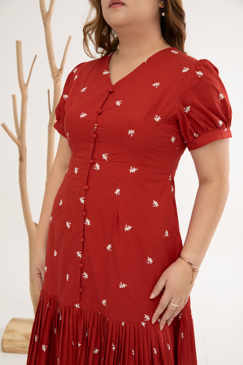 Pleats Bottom Embroidery Midi Dress (Édition limitée - Red)