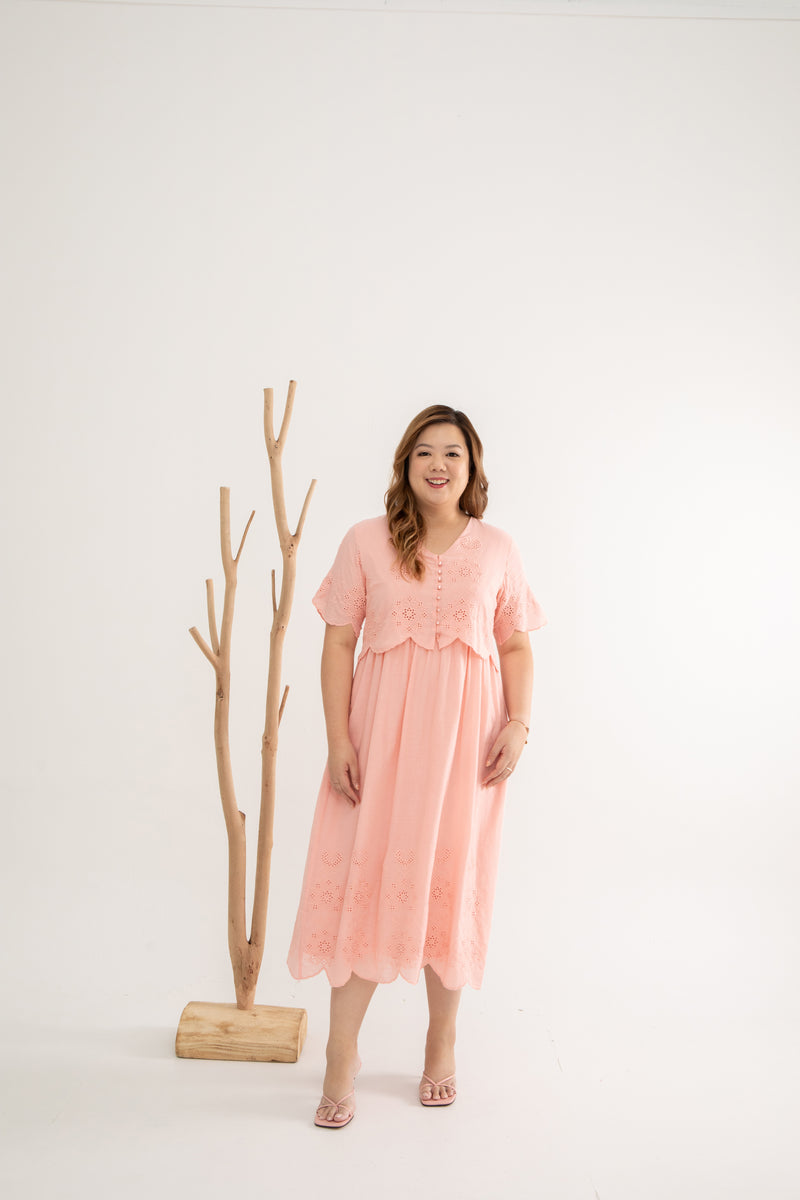 Embroidery Eyelet Duo Midi Dress (Rose Quartz)