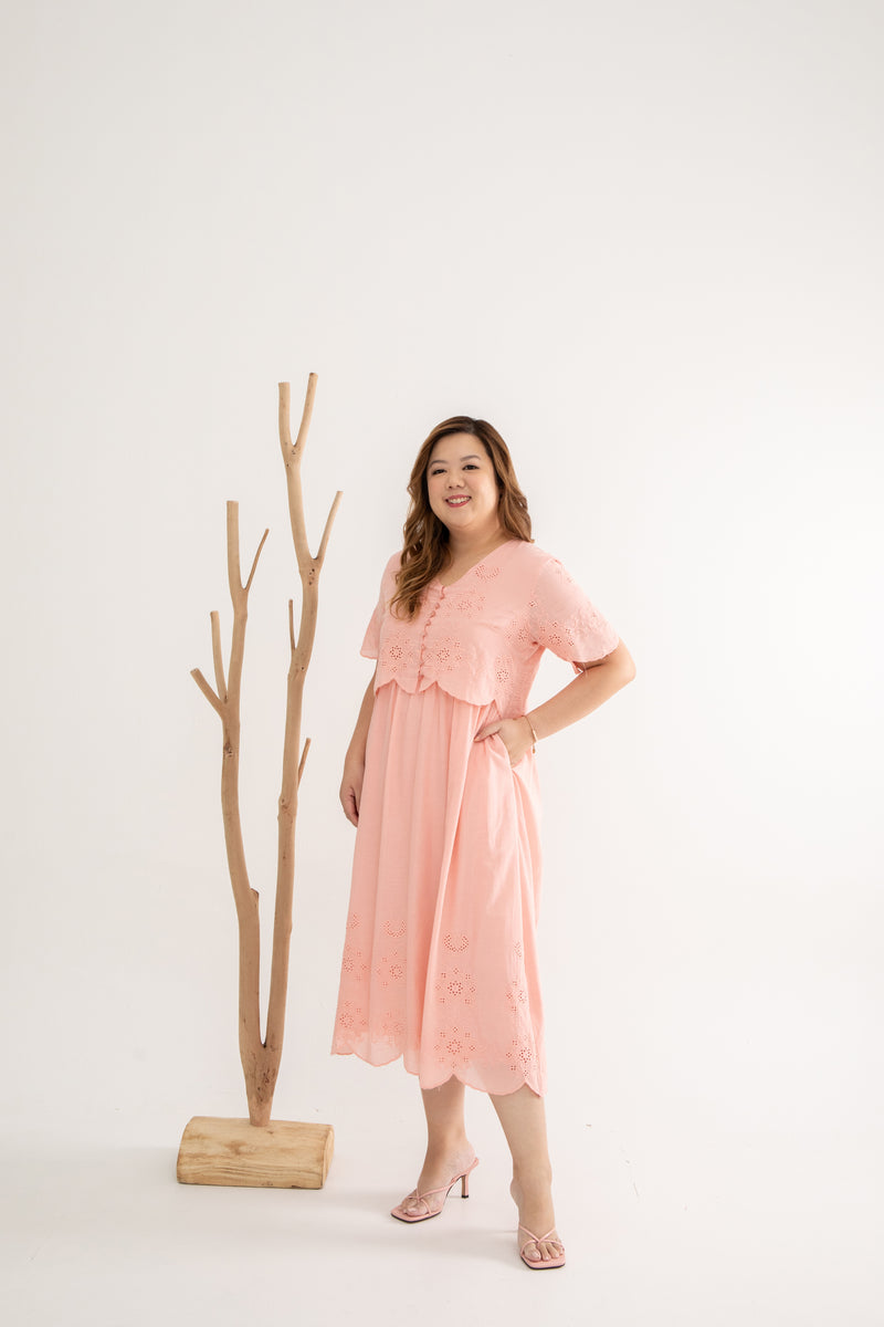 Embroidery Eyelet Duo Midi Dress (Rose Quartz)