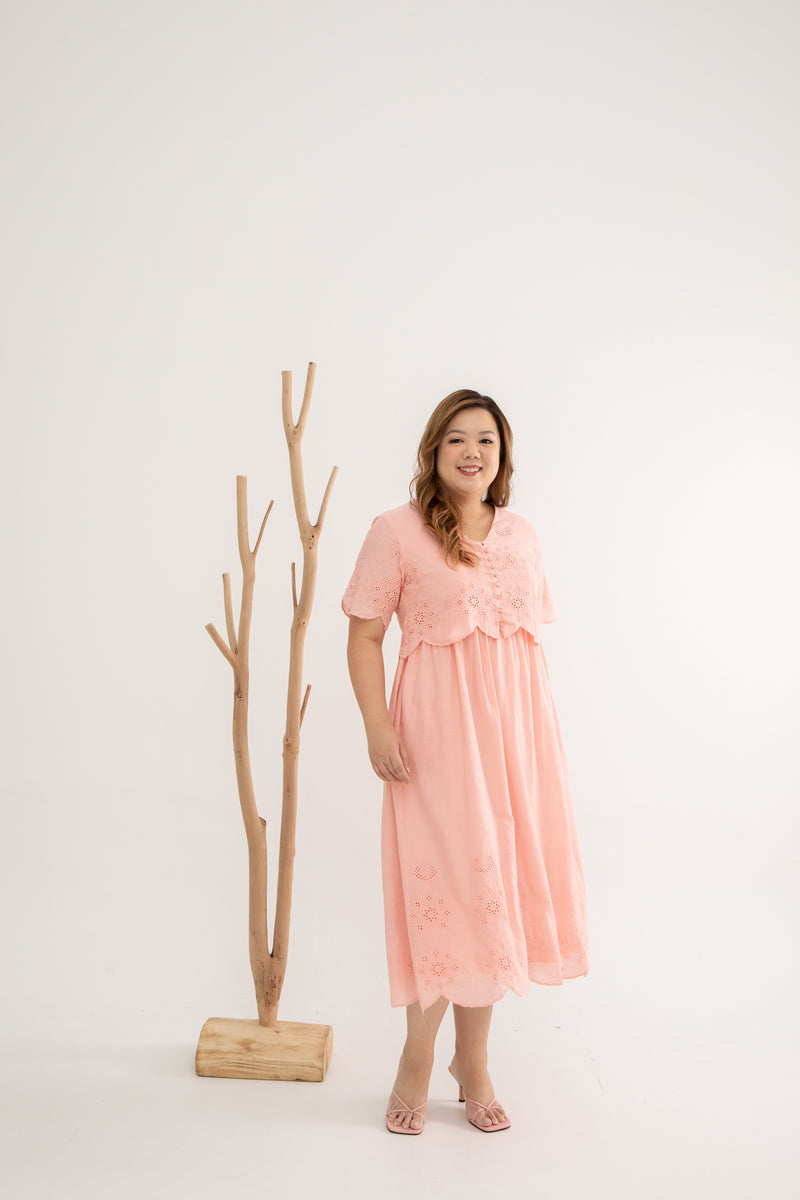 Embroidery Eyelet Duo Midi Dress (Rose Quartz)
