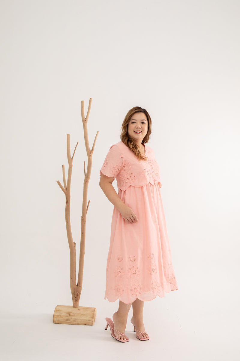 Embroidery Eyelet Duo Midi Dress (Rose Quartz)