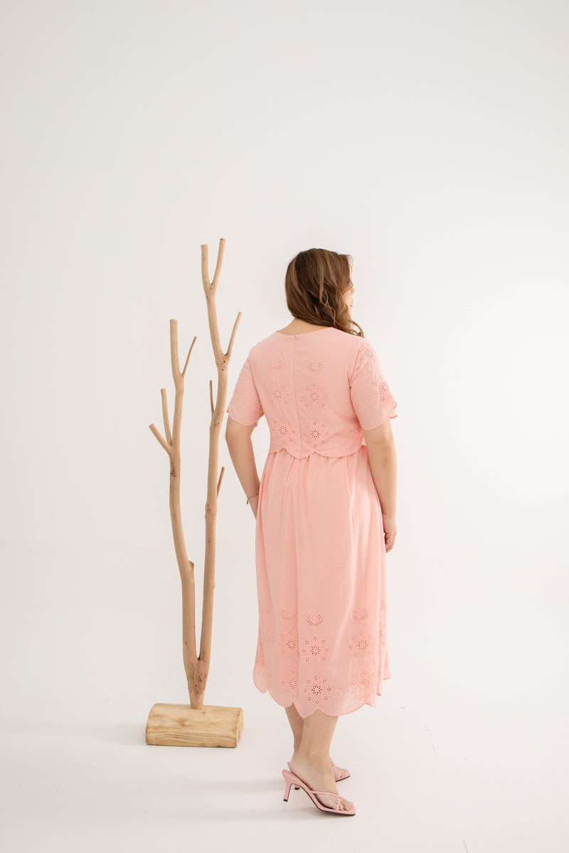 Embroidery Eyelet Duo Midi Dress (Rose Quartz)