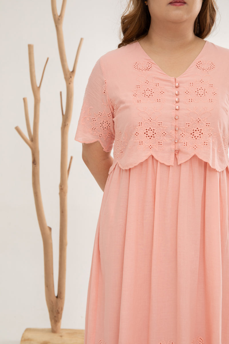 Embroidery Eyelet Duo Midi Dress (Rose Quartz)