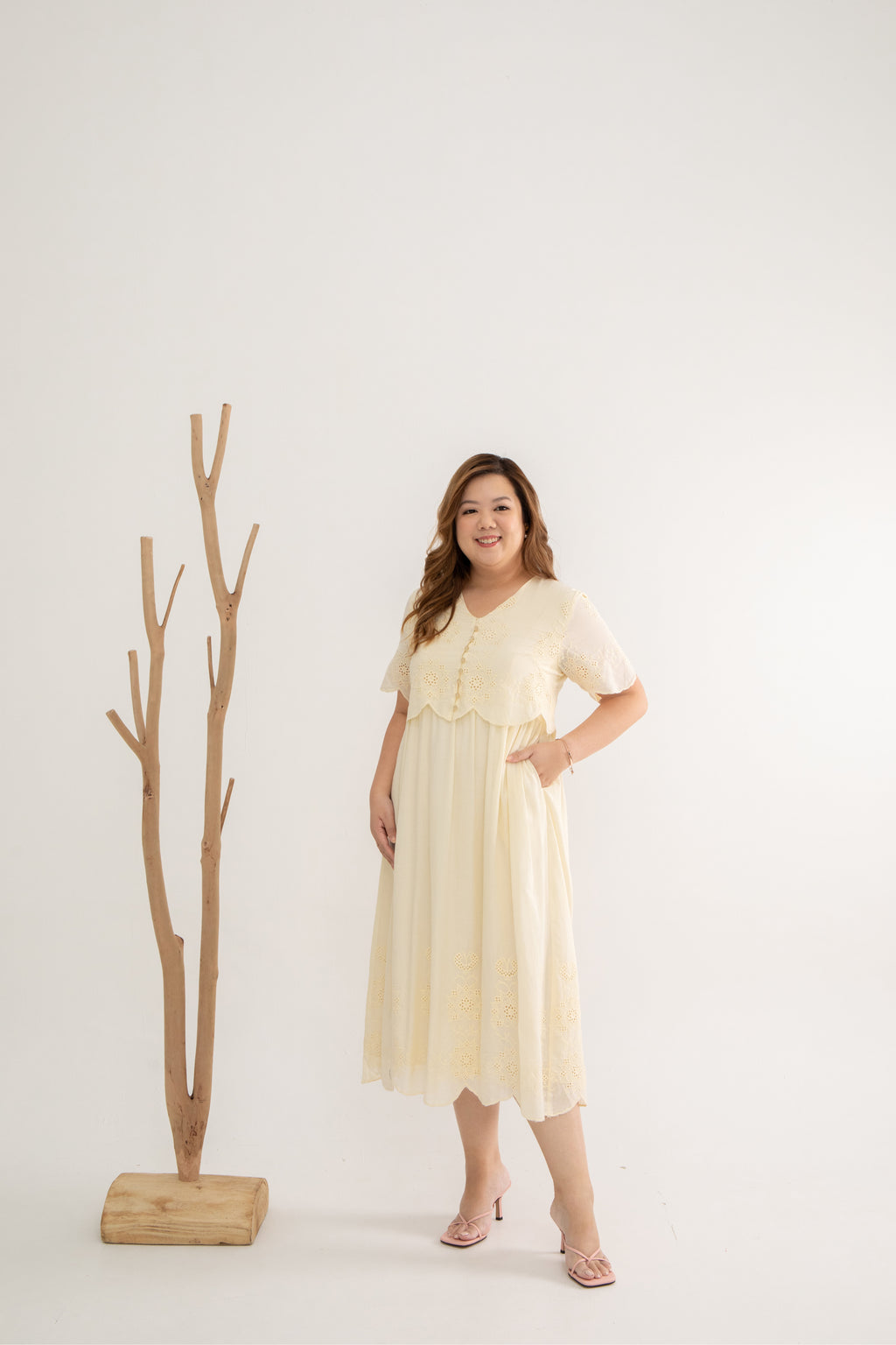 Embroidery Eyelet Duo Midi Dress (Citrine)