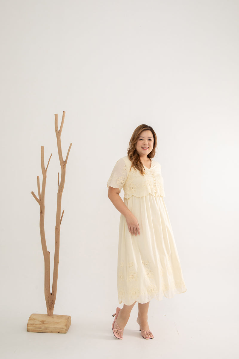 Embroidery Eyelet Duo Midi Dress (Citrine)