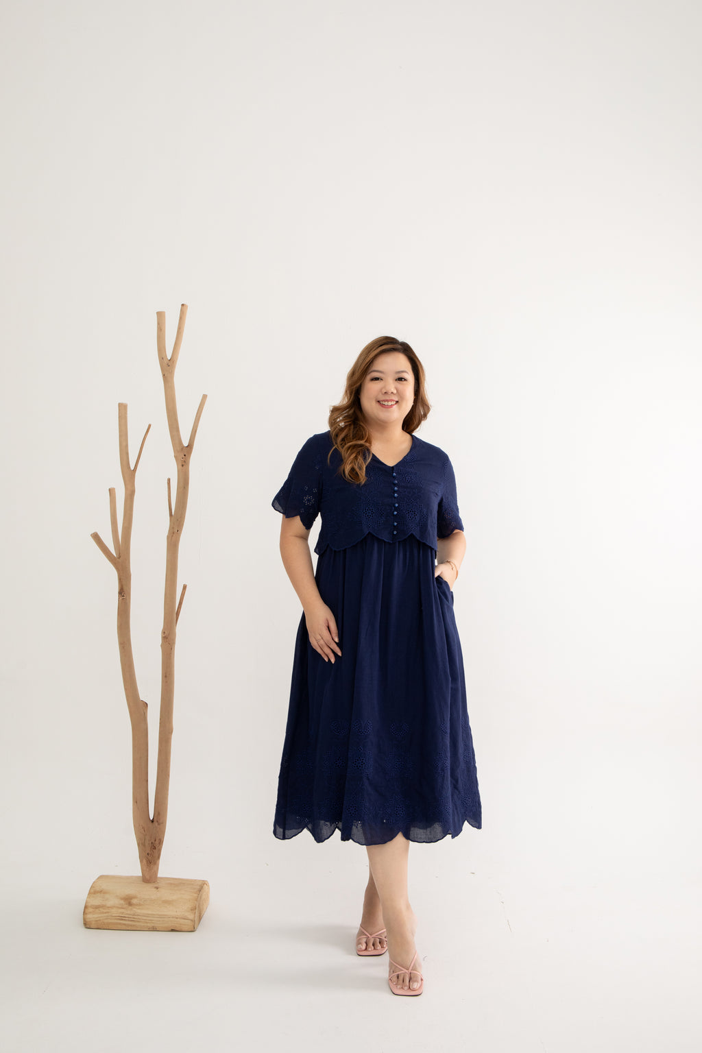 Embroidery Eyelet Duo Midi Dress (Twilight Blue)