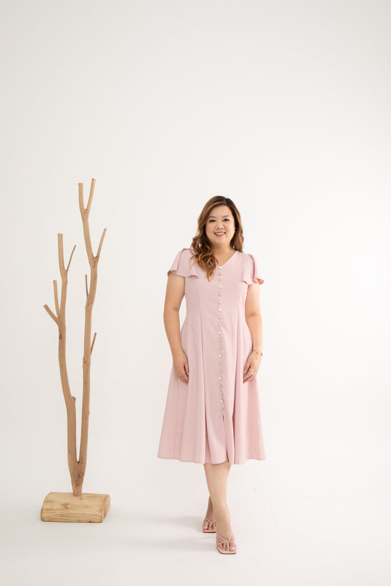 Contrast Buttons Skater Dress (Blushing Pink)