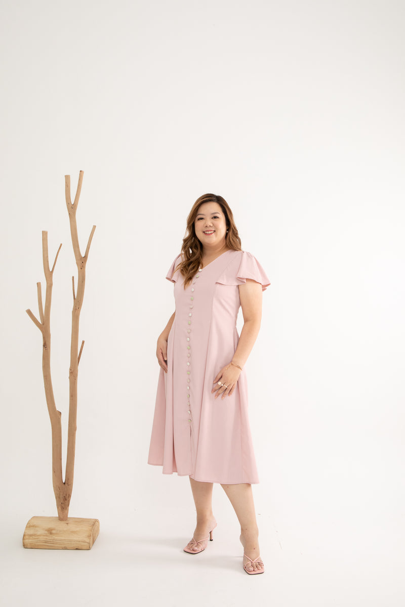 Contrast Buttons Skater Dress (Blushing Pink)