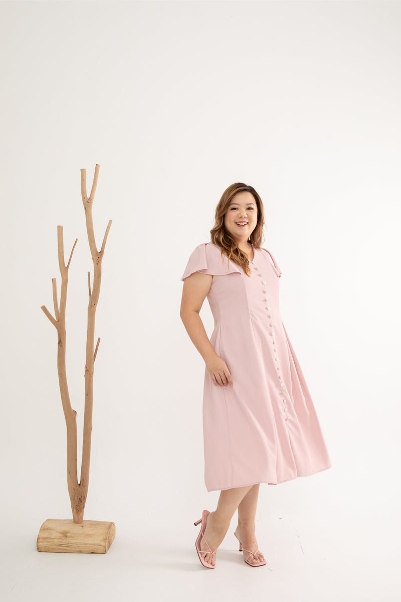 Contrast Buttons Skater Dress (Blushing Pink)