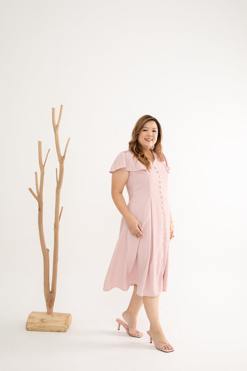 Contrast Buttons Skater Dress (Blushing Pink)