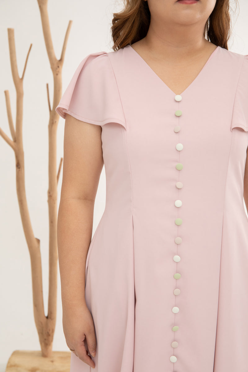 Contrast Buttons Skater Dress (Blushing Pink)