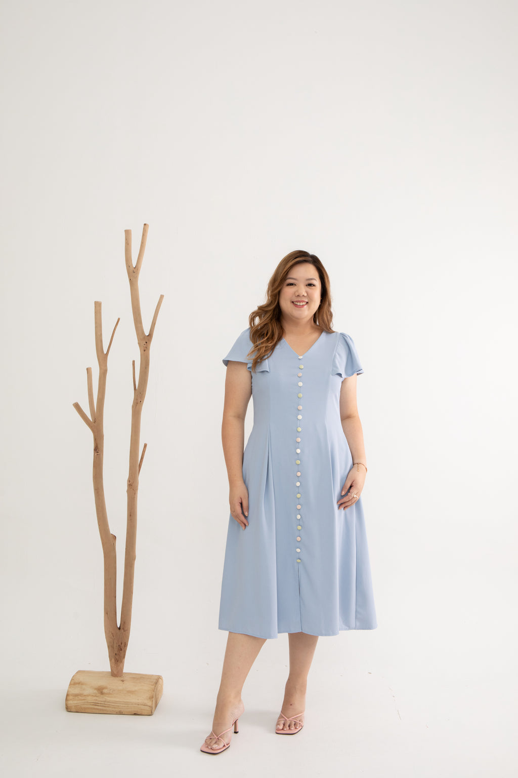 Contrast Buttons Skater Dress (Powder Blue)