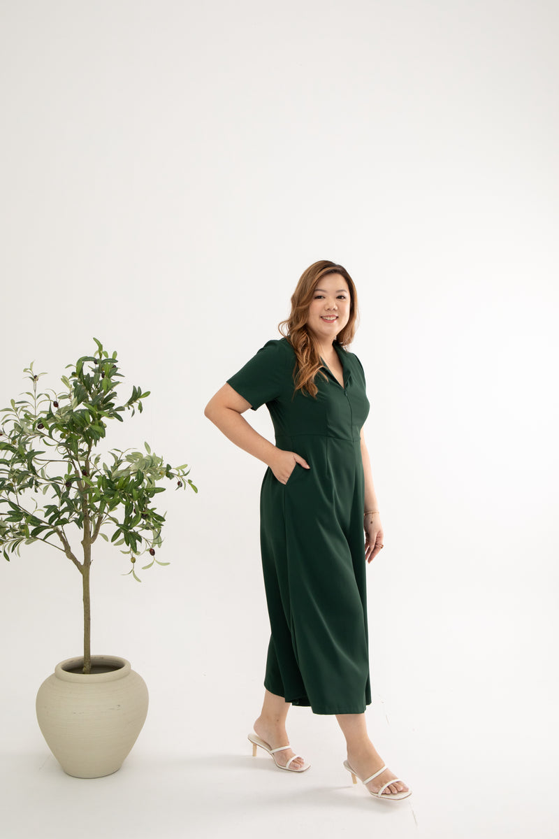 Front Zip Lapels Midi Jumpsuit (Forest Green)