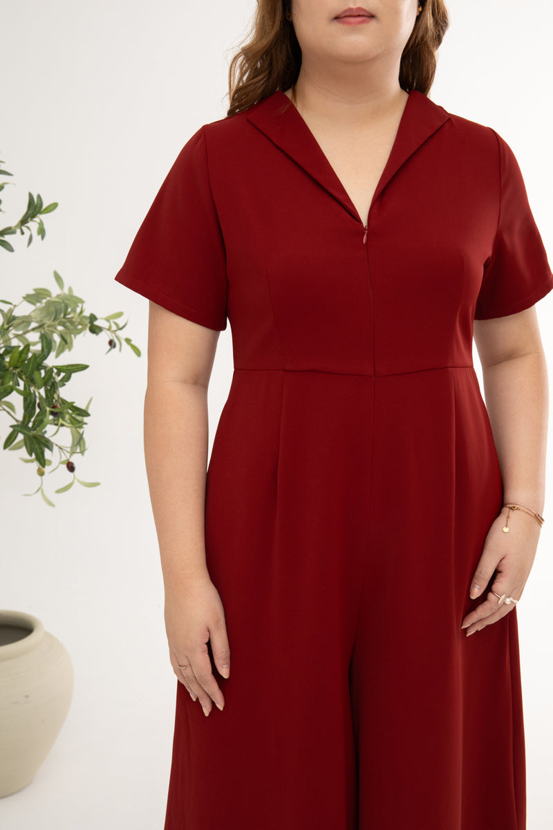 Front Zip Lapels Midi Jumpsuit (Red)