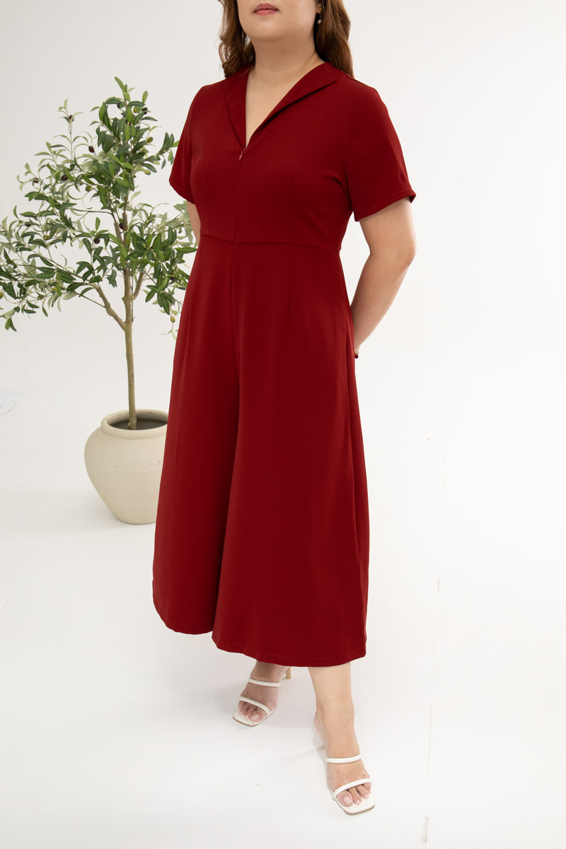 Front Zip Lapels Midi Jumpsuit (Red)