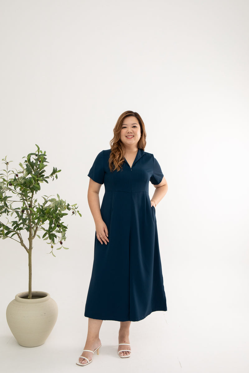 Front Zip Lapels Midi Jumpsuit (Navy)