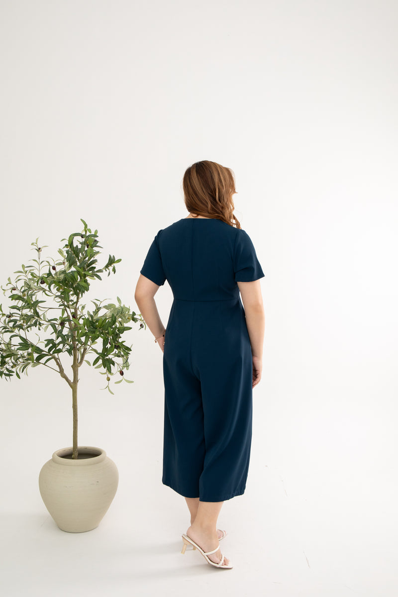 Front Zip Lapels Midi Jumpsuit (Navy)