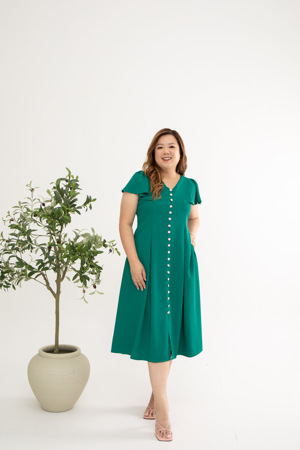 Contrast Buttons Skater Dress (Emerald)