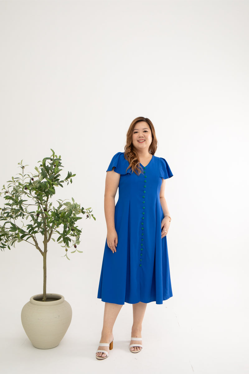 Contrast Buttons Skater Dress (Queen Blue)
