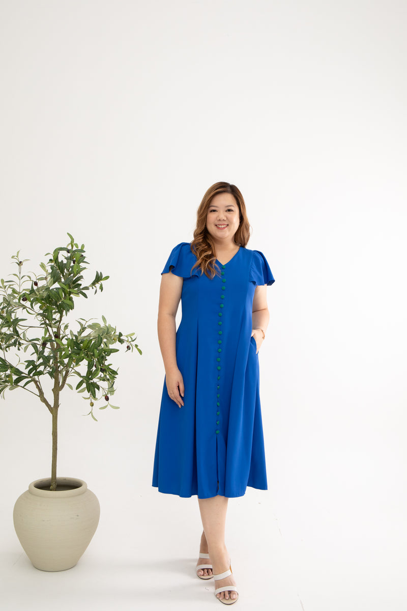 Contrast Buttons Skater Dress (Queen Blue)