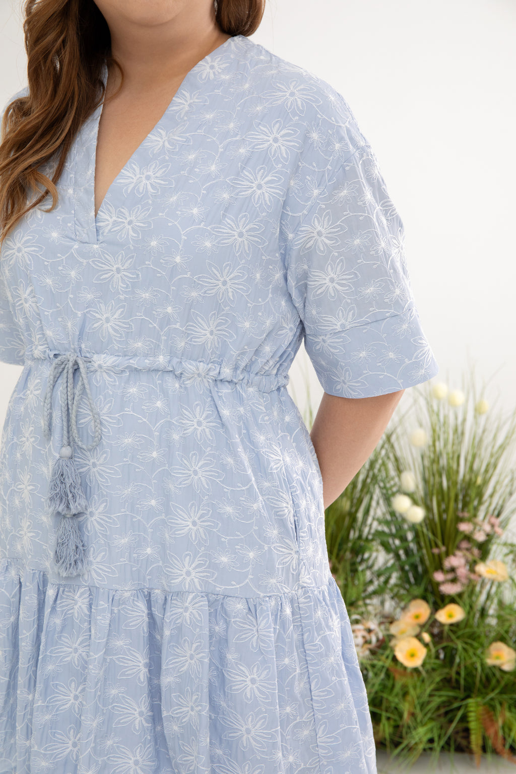 Kimono Drawstring Embroidery Dress (Powder Blue)