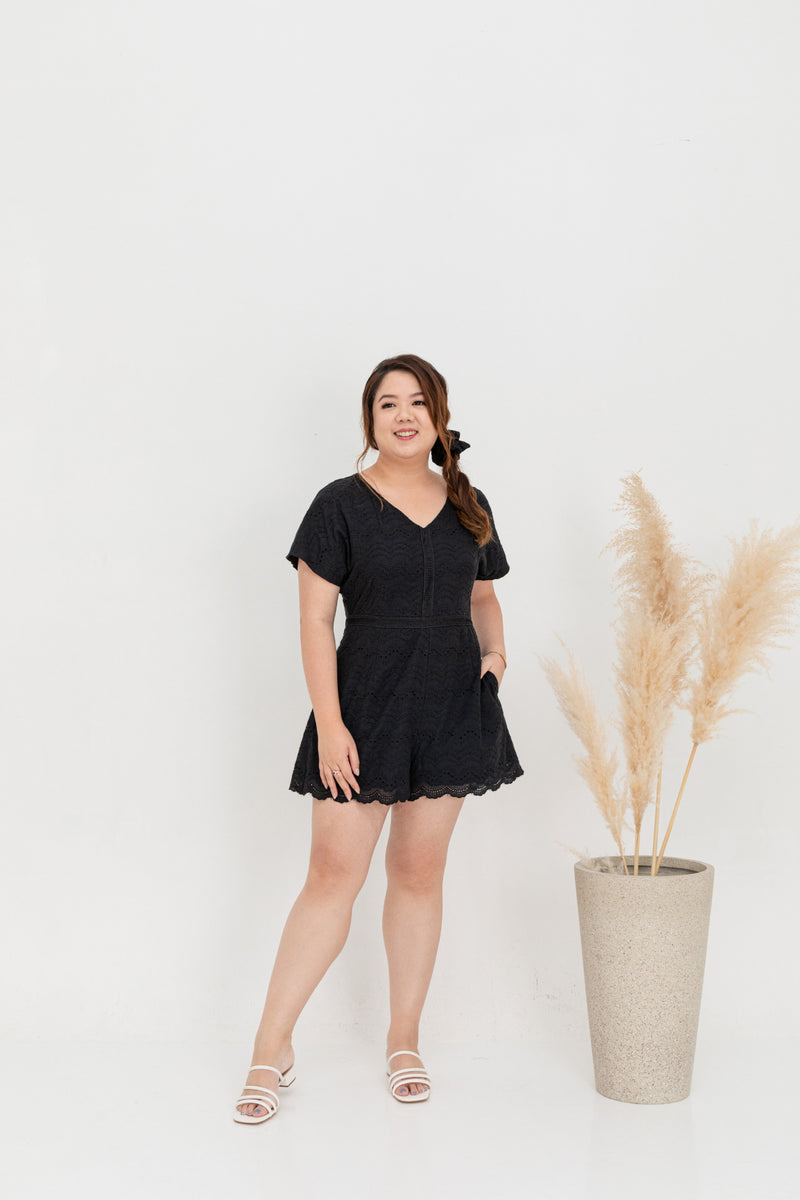 Embroidery Eyelet Romper (Black)