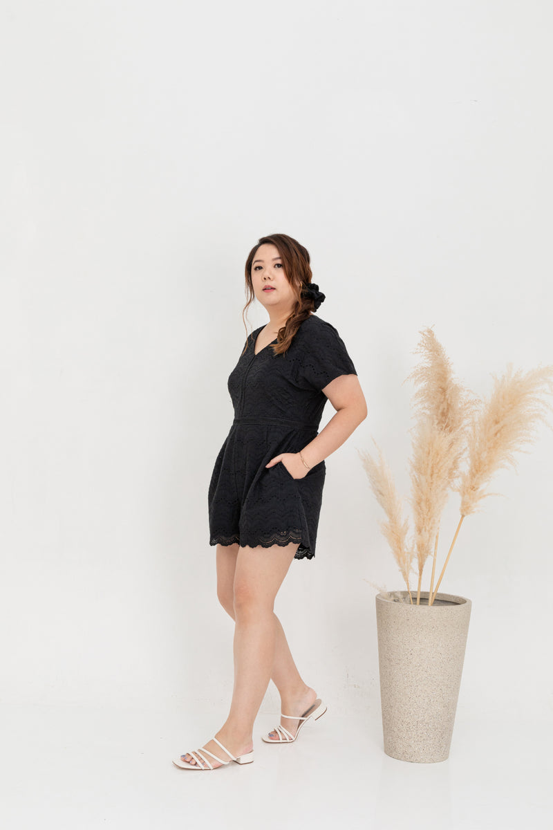 Embroidery Eyelet Romper (Black)