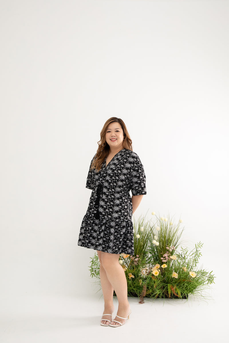Kimono Drawstring Embroidery Dress (Midnight)