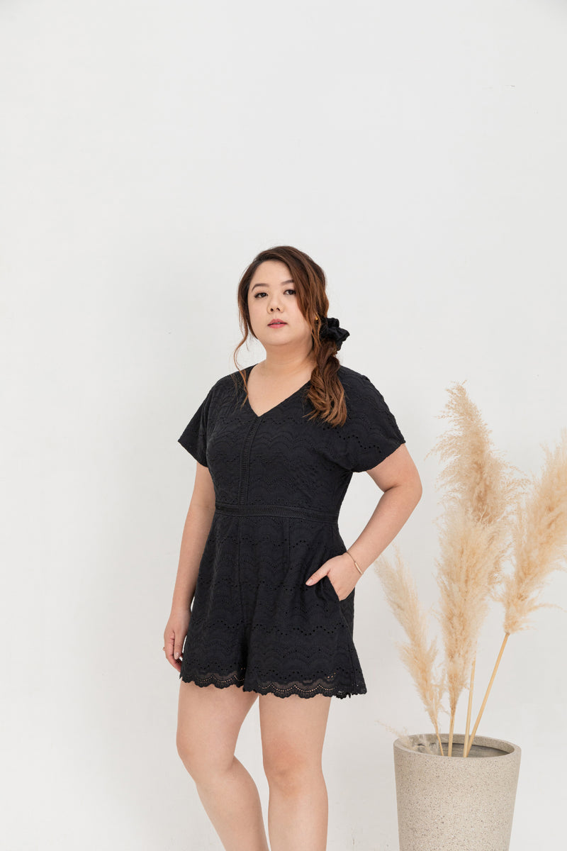 Embroidery Eyelet Romper (Black)