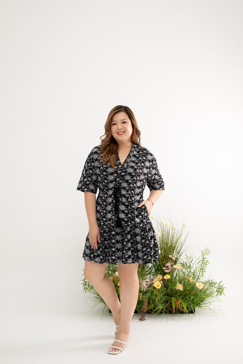 Kimono Drawstring Embroidery Dress (Midnight)