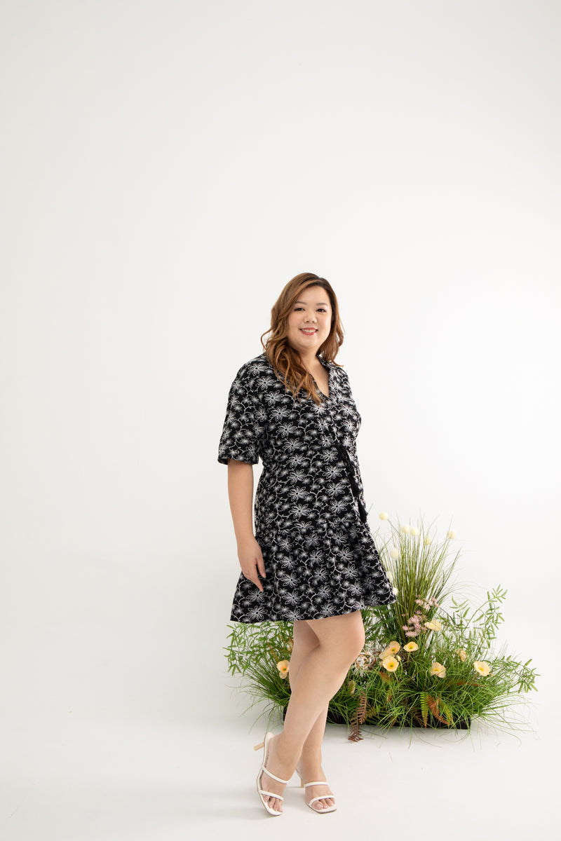 Kimono Drawstring Embroidery Dress (Midnight)
