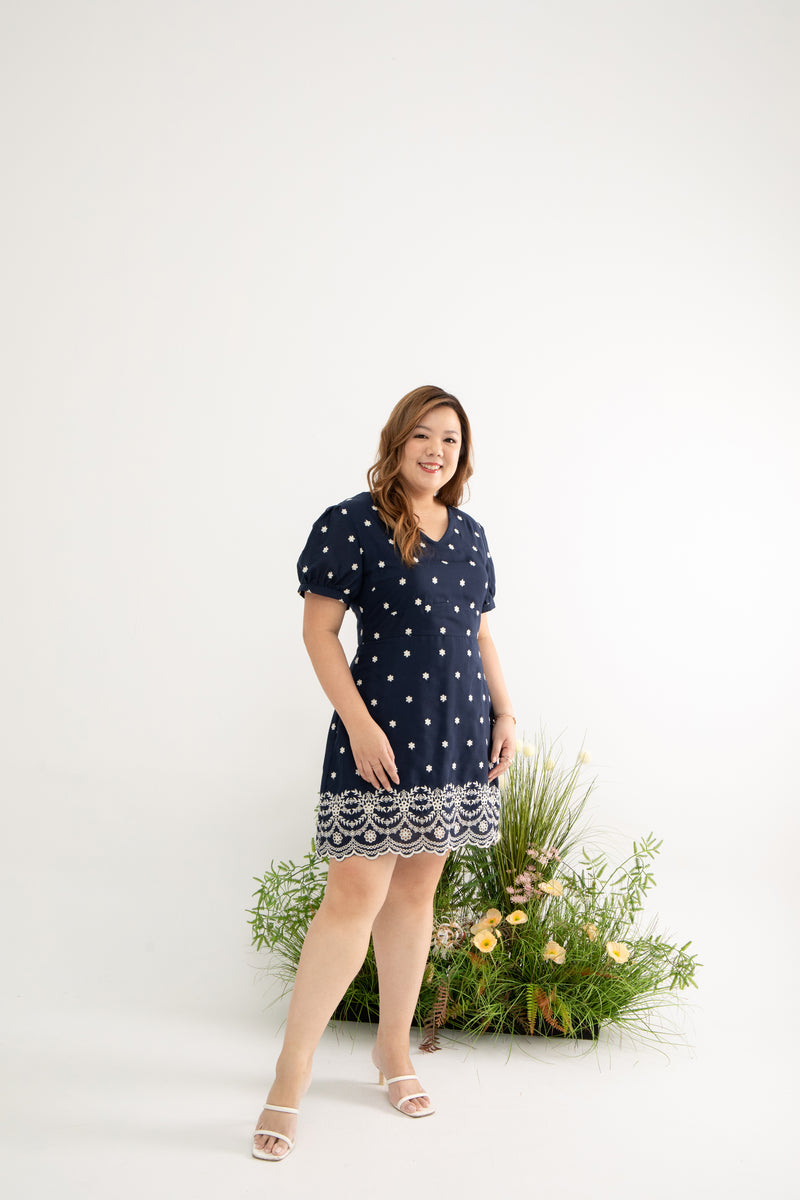 Embroidery Scallop Hem Dress-Romper (Navy)