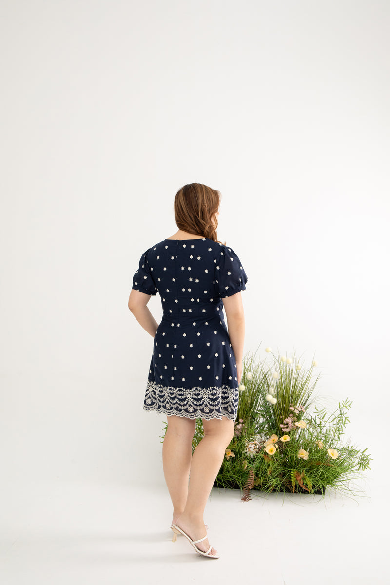 Embroidery Scallop Hem Dress-Romper (Navy)