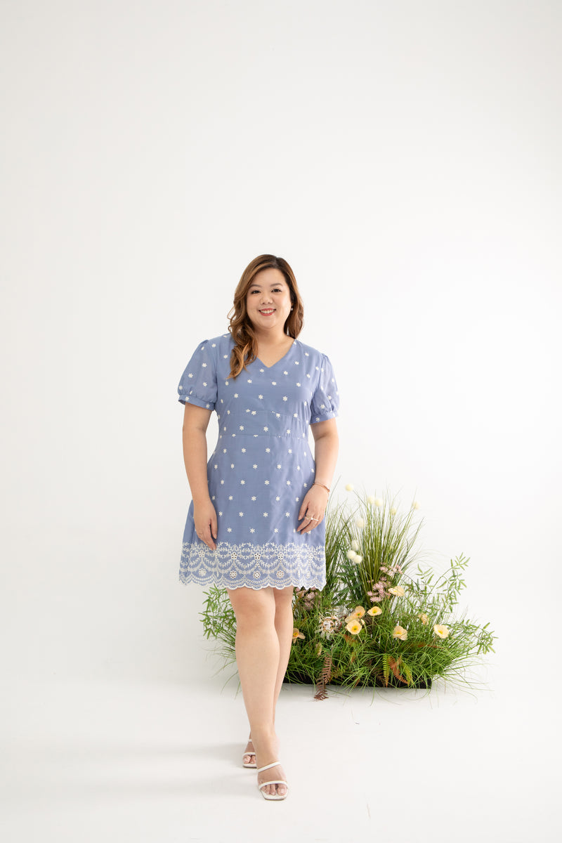 Embroidery Scallop Hem Dress-Romper (Sky)