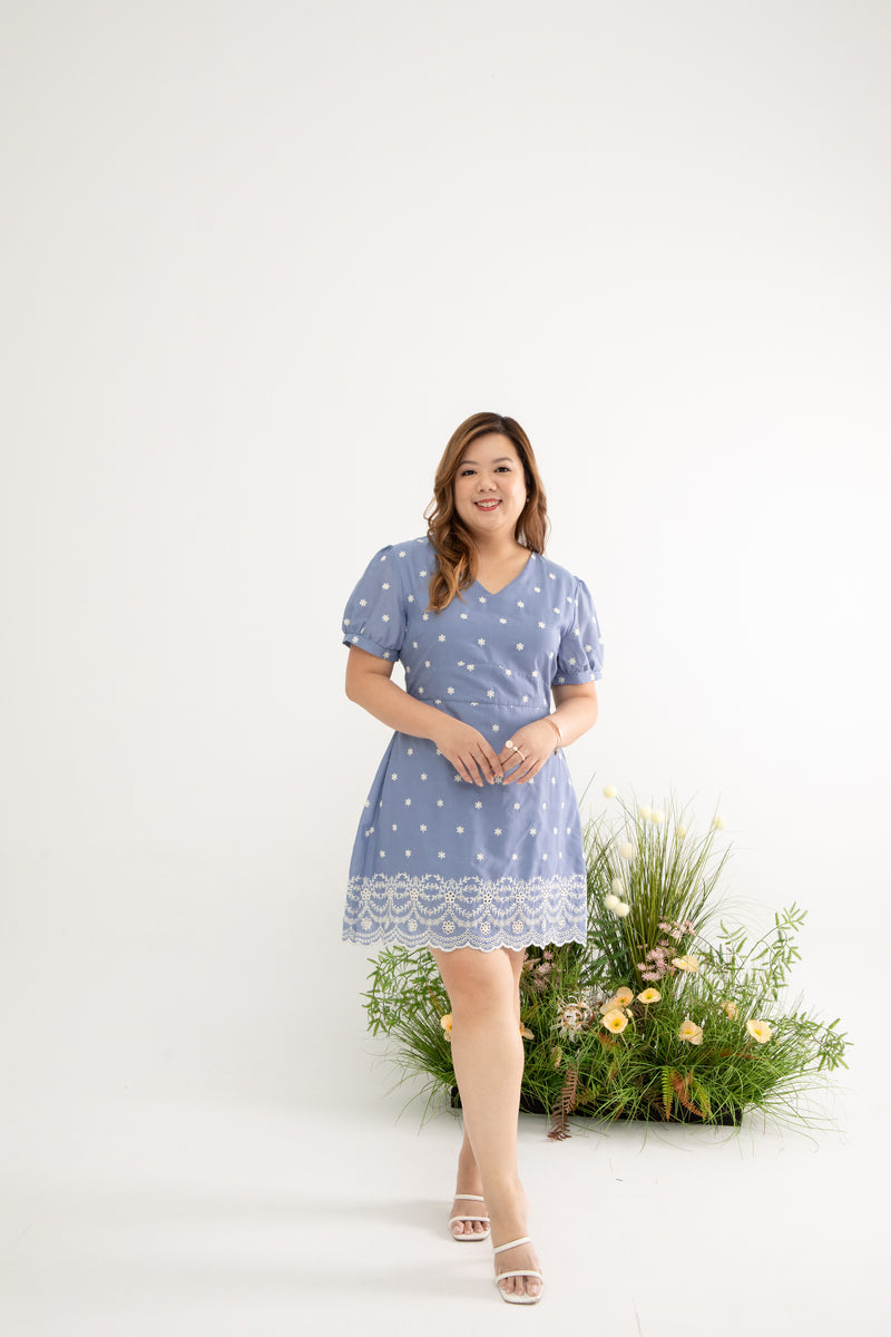 Embroidery Scallop Hem Dress-Romper (Sky)