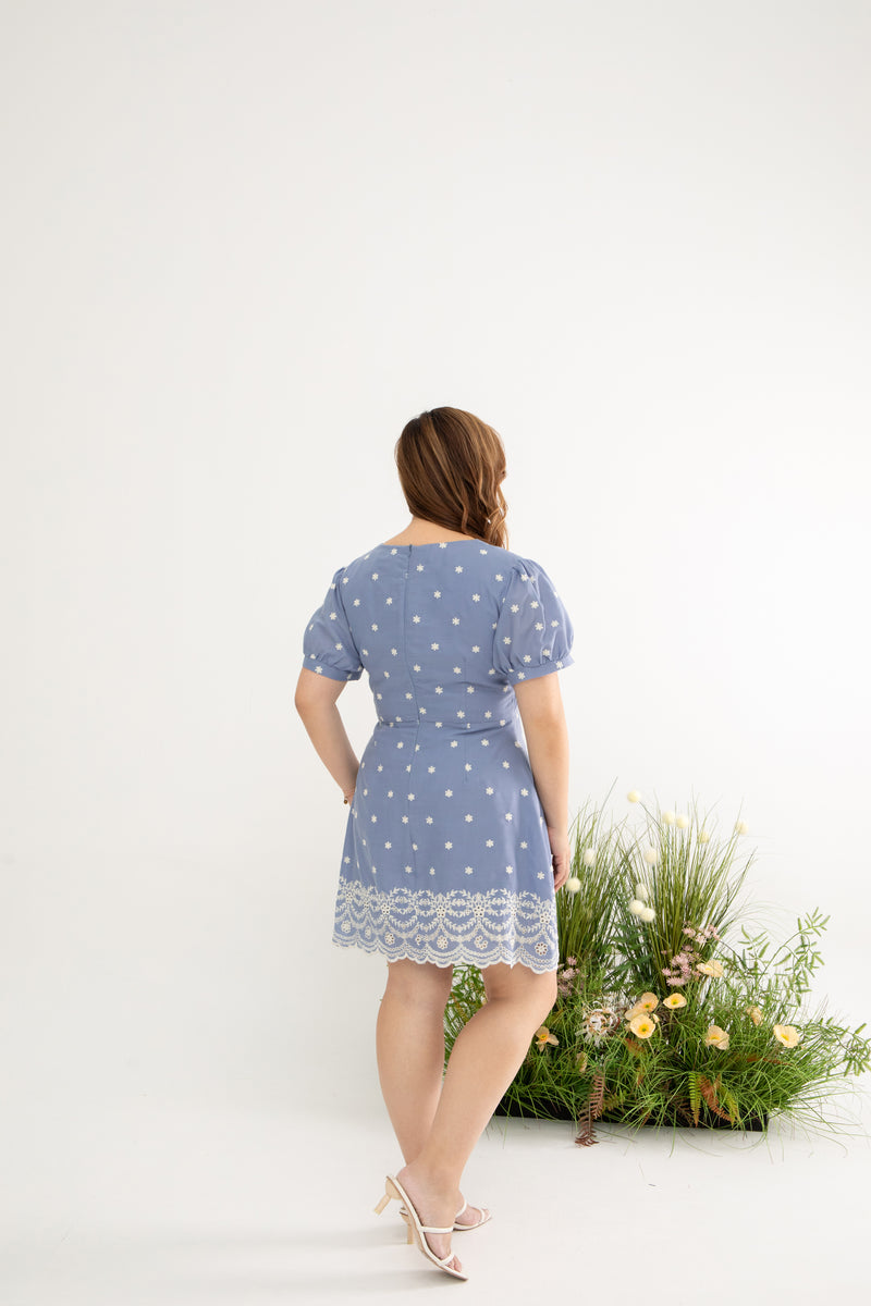 Embroidery Scallop Hem Dress-Romper (Sky)