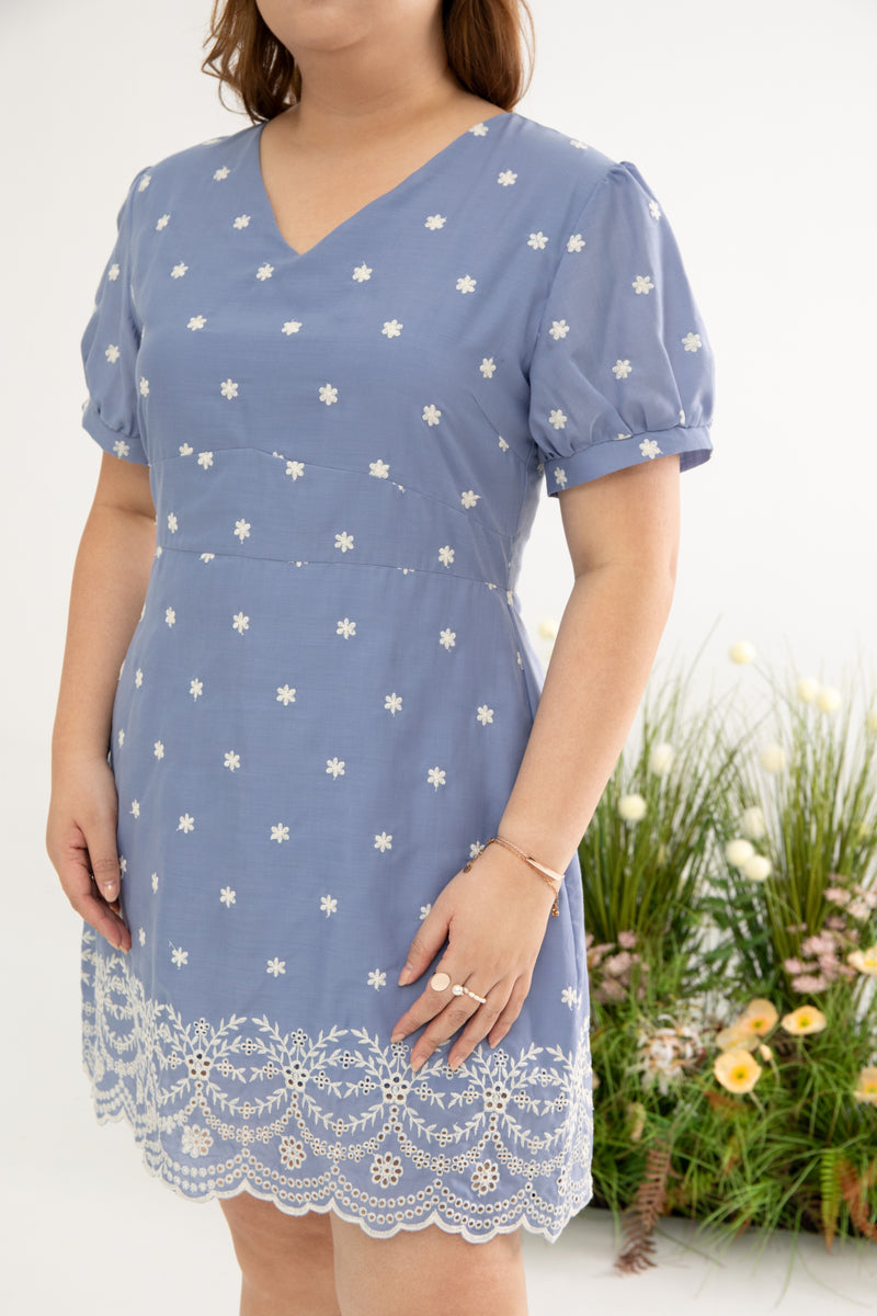 Embroidery Scallop Hem Dress-Romper (Sky)