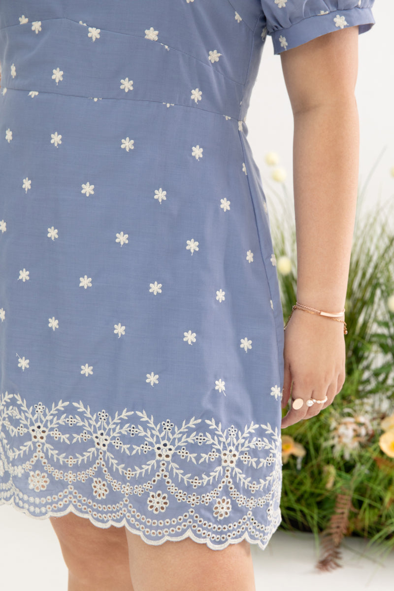 Embroidery Scallop Hem Dress-Romper (Sky)