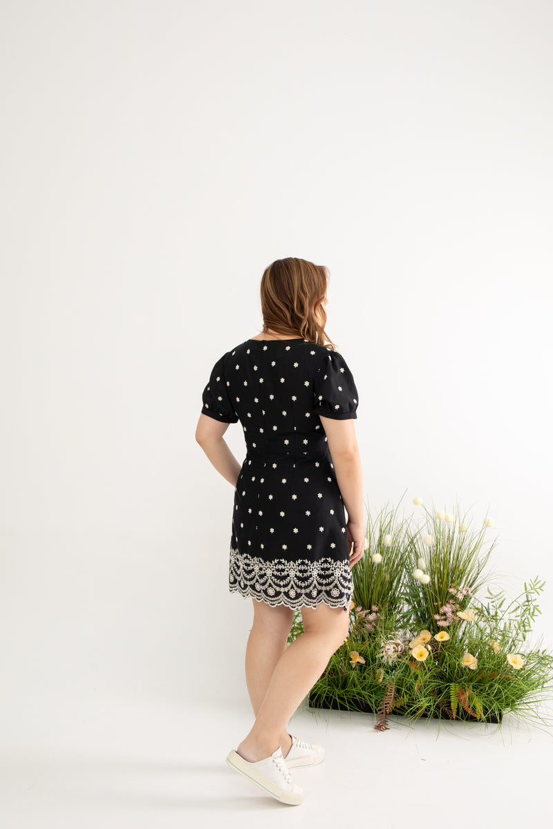 Embroidery Scallop Hem Dress-Romper (Black)