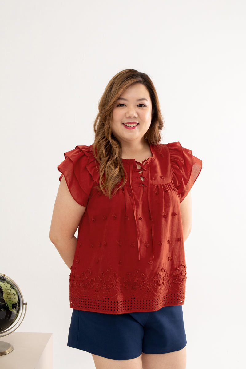 3D Floral Eyelet Top (Red)