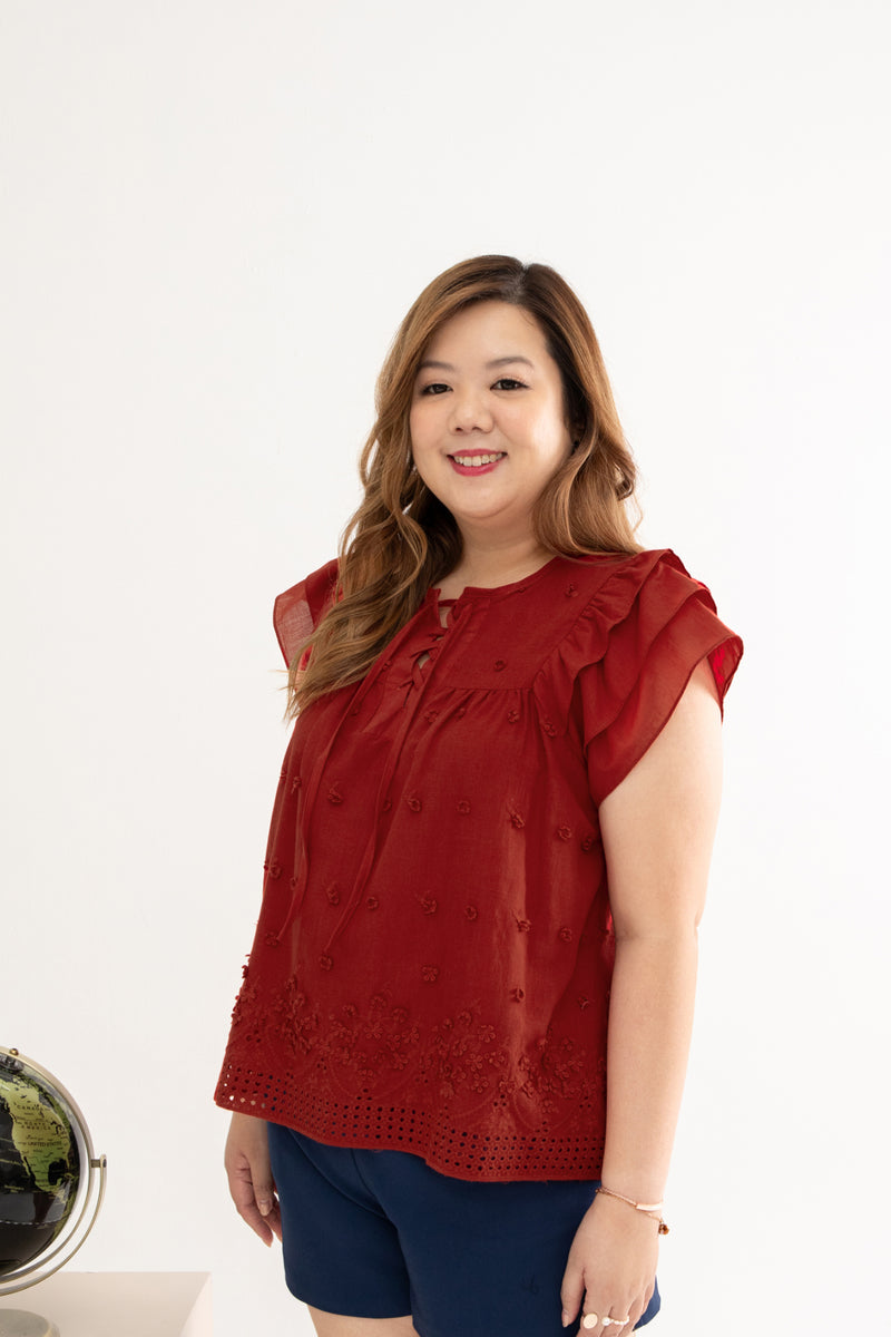 3D Floral Eyelet Top (Red)