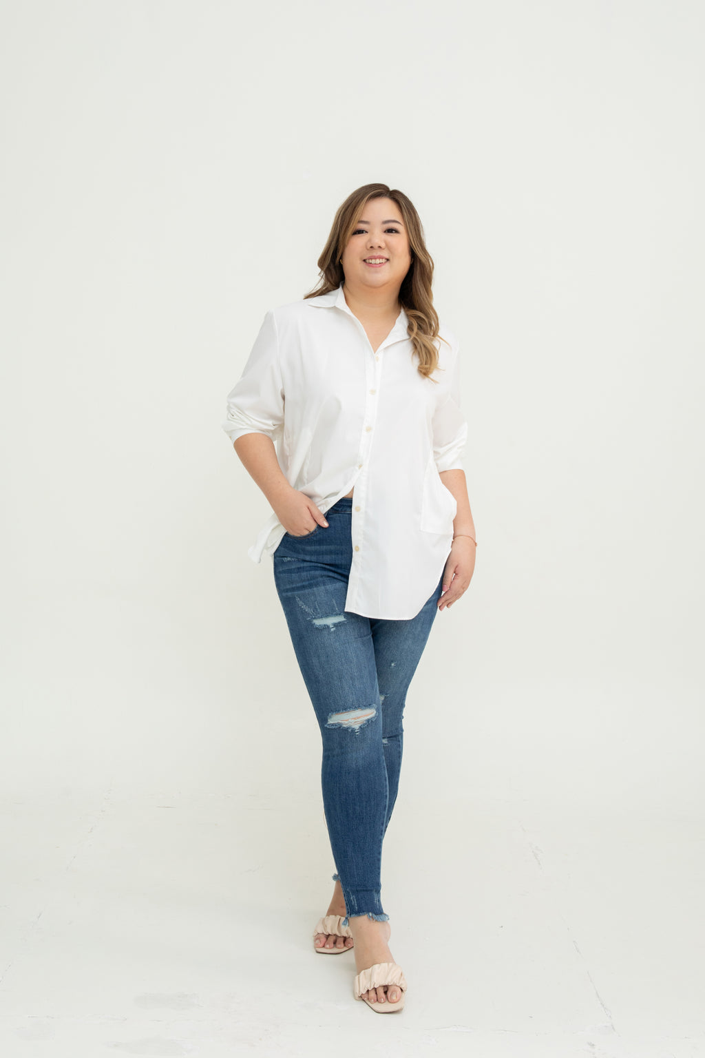 Stretchable High-Waist Ripped Jeans (Blue)