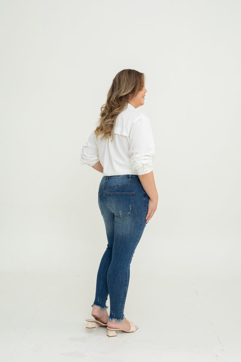 Stretchable High-Waist Ripped Jeans (Blue)