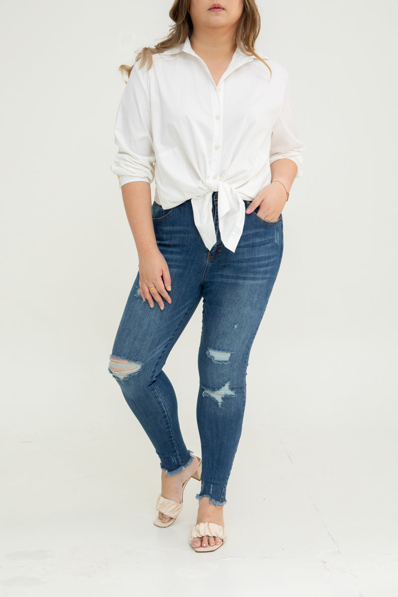 Stretchable High-Waist Ripped Jeans (Blue)