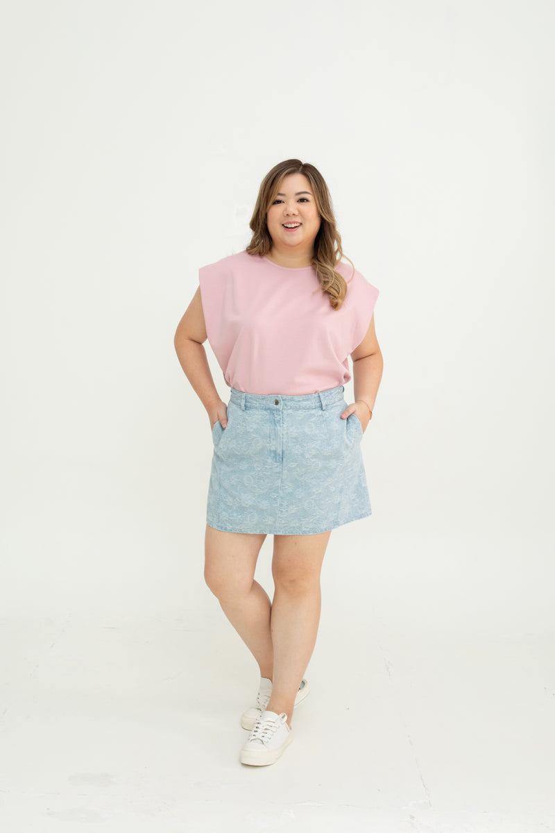Floral Pattern Denim Skorts (Light Wash)